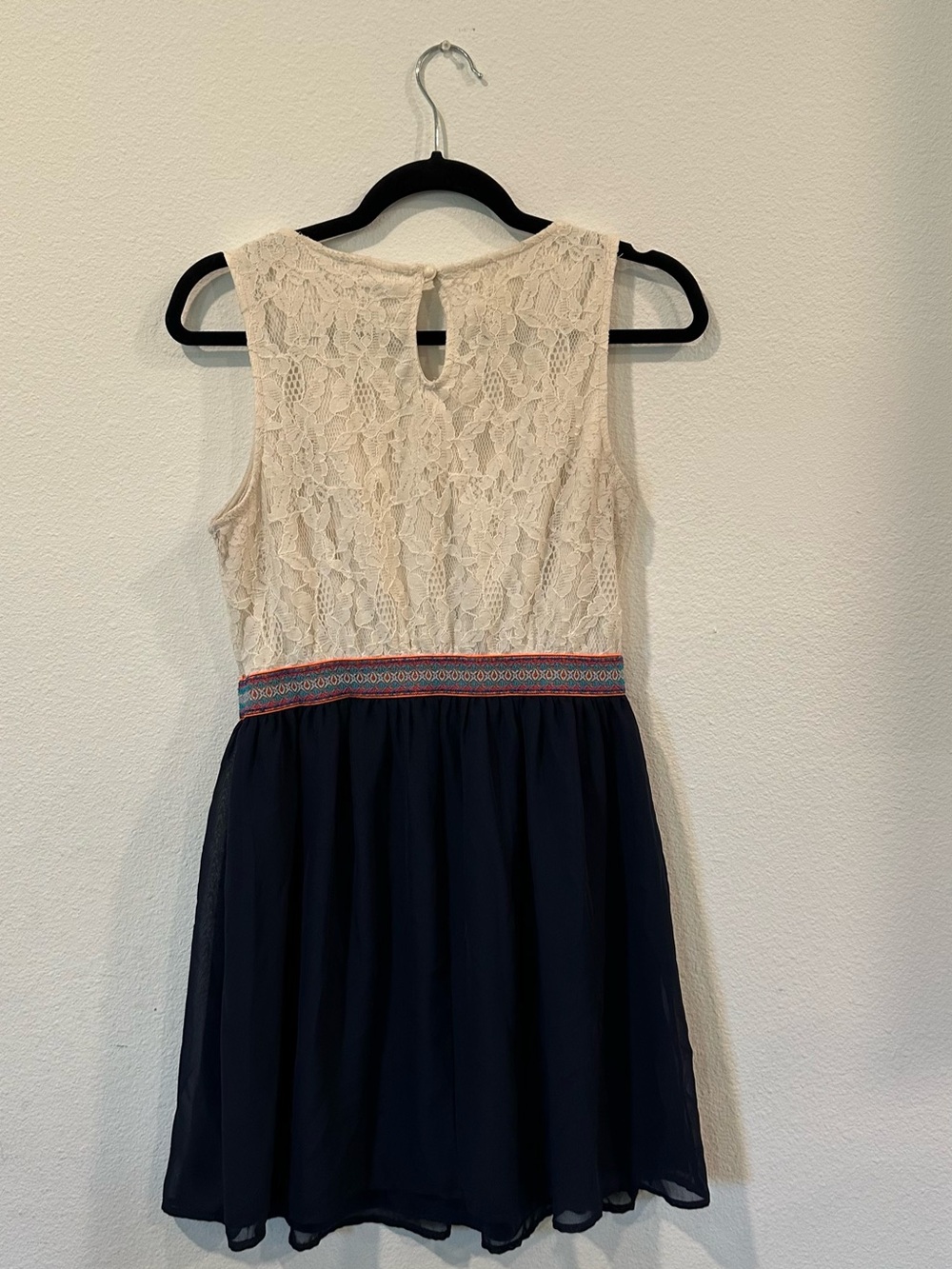 Speechless Cream Lace Top Navy Skirt Midi Dress with Multi Accent Waistband - Picture 2 of 3